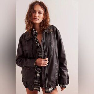 FREE PEOPLE - WE THE FREE BUCKLE UP VEGAN LEATHER JACKET IN BLACK COMBO Size M